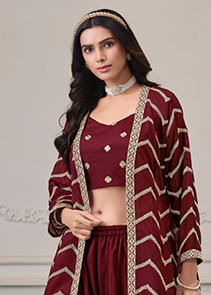 3 Pc Maroon Plazzo Shurg Suits Set