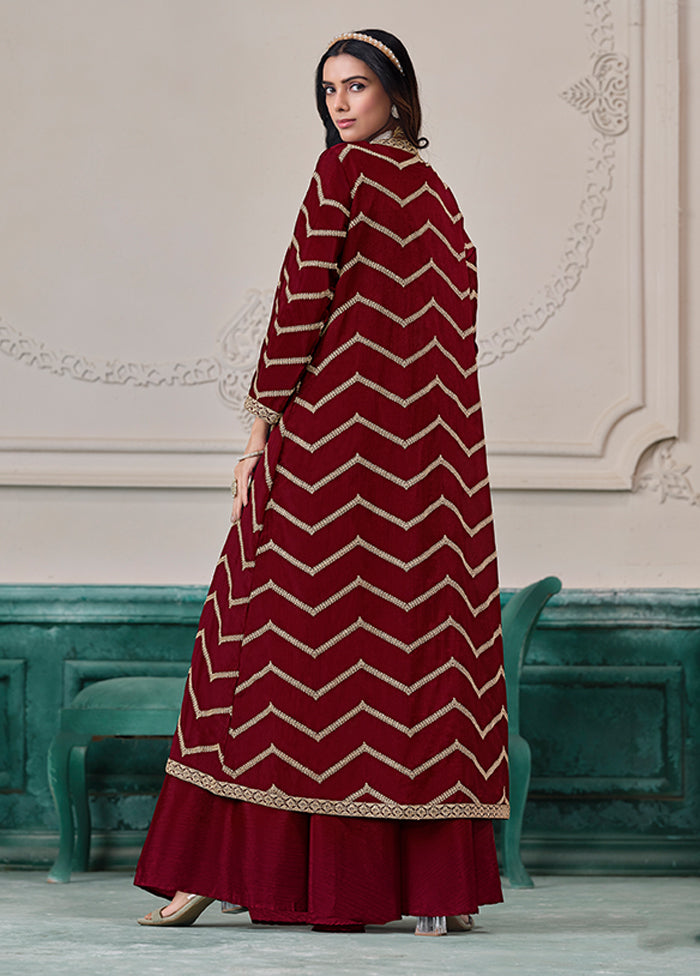 3 Pc Maroon Plazzo Shurg Suits Set
