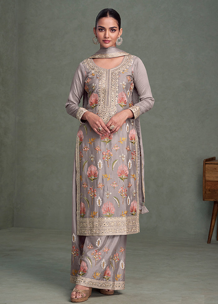 3 Pc Grey Silk Palazzo Suit Set