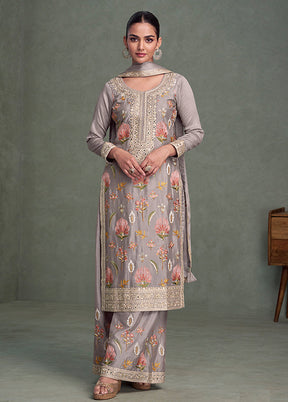 3 Pc Grey Silk Palazzo Suit Set