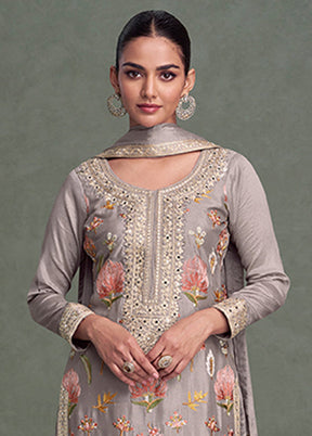 3 Pc Grey Silk Palazzo Suit Set
