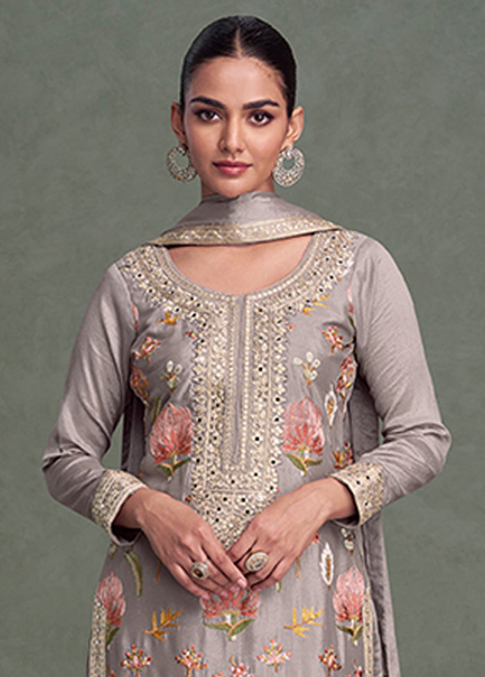 3 Pc Grey Silk Palazzo Suit Set