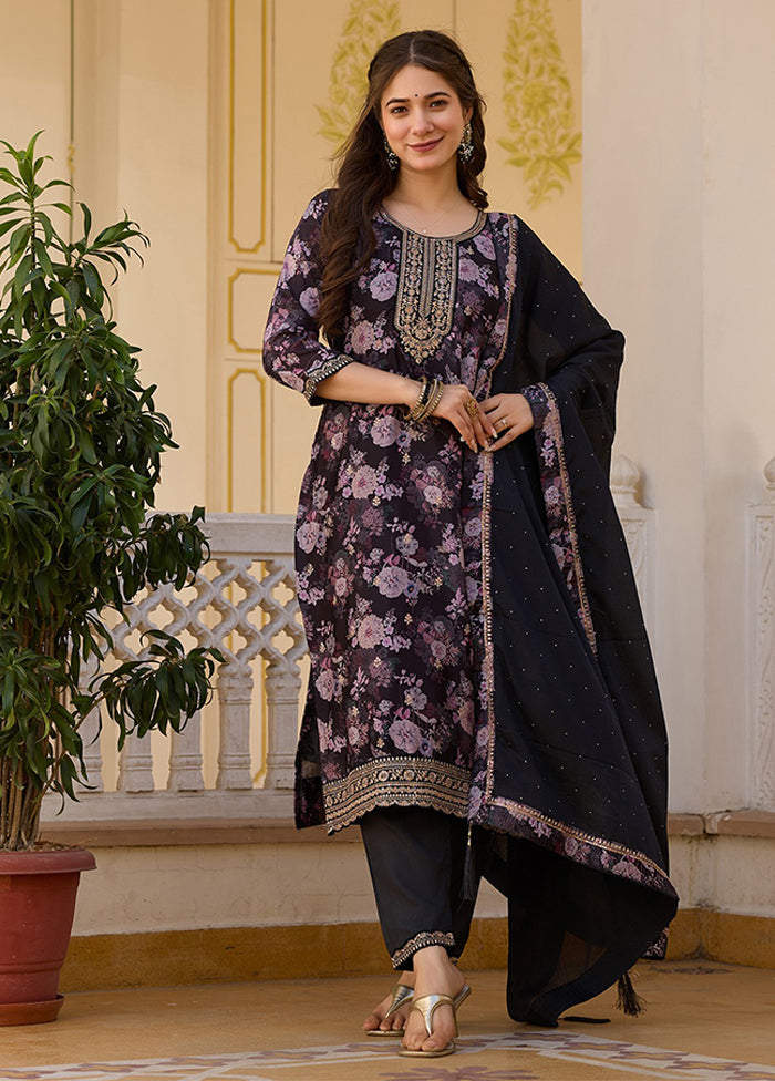 3 Pc Black Silk Suit Set