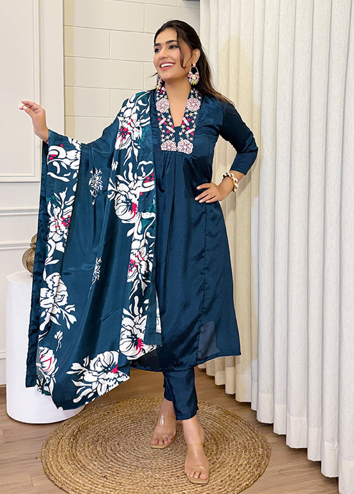 3 Pc Blue Silk Suit Set