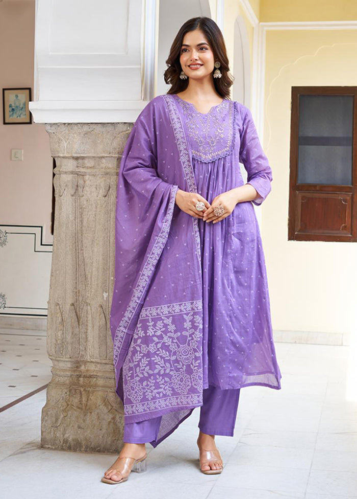 3 Pc Purple Cotton Suit Set