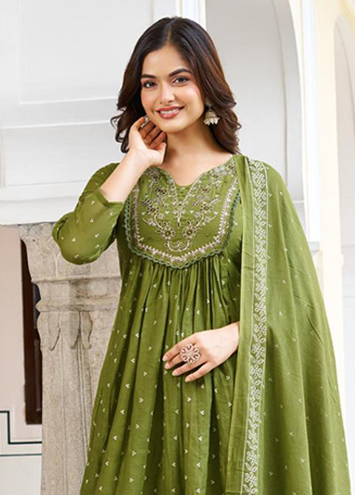 3 Pc Green Cotton Suit Set
