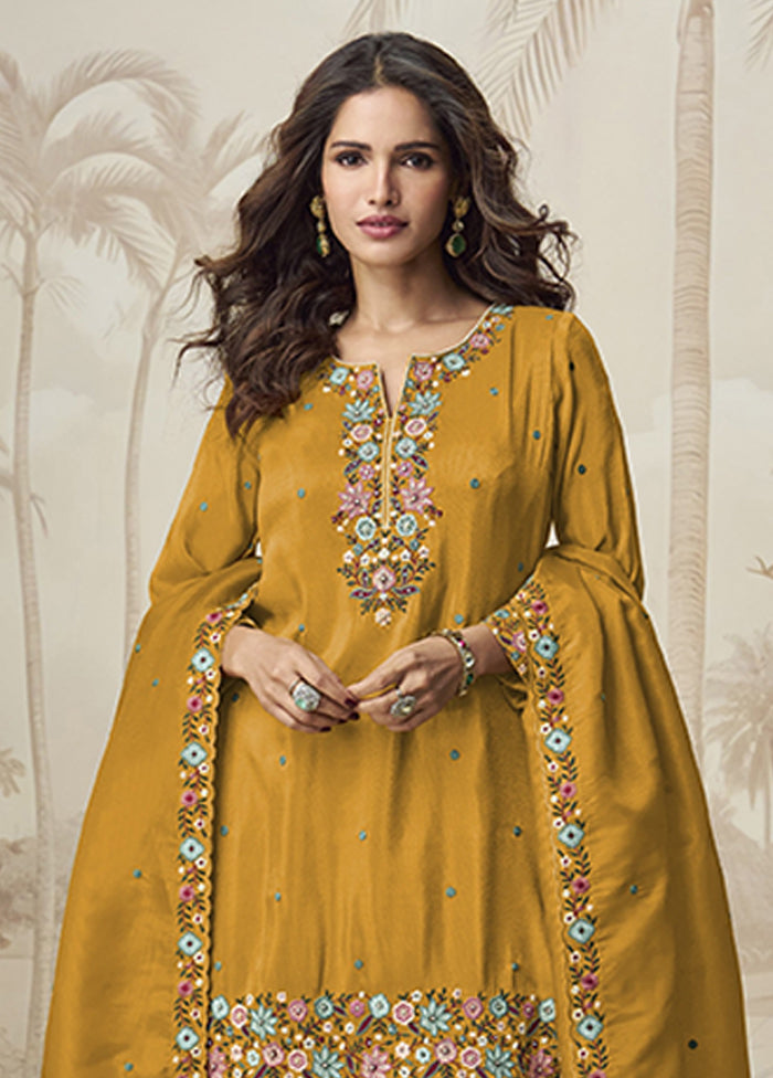 3 Pc Yellow Silk Palazzo Suit Set