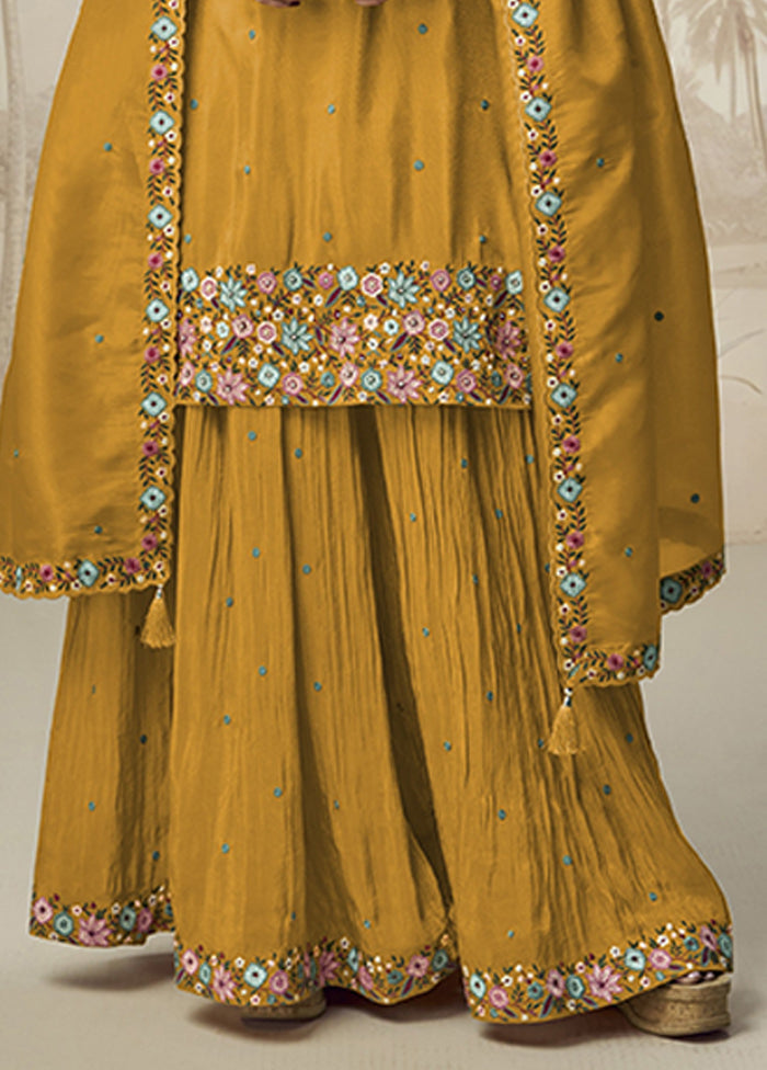 3 Pc Yellow Silk Palazzo Suit Set