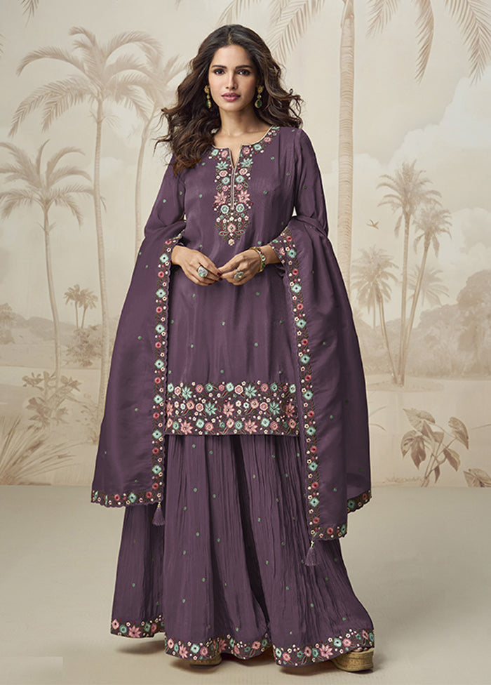 3 Pc Wine Silk Palazzo Suit Set