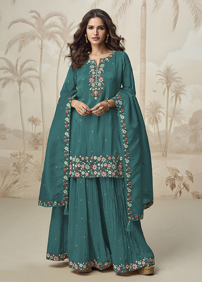 3 Pc Green Silk Palazzo Suit Set