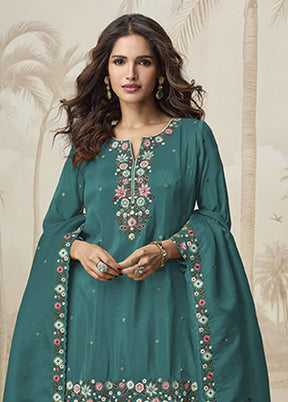 3 Pc Green Silk Palazzo Suit Set