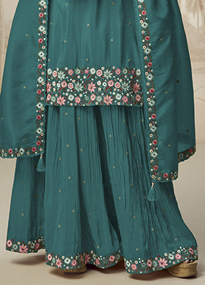 3 Pc Green Silk Palazzo Suit Set