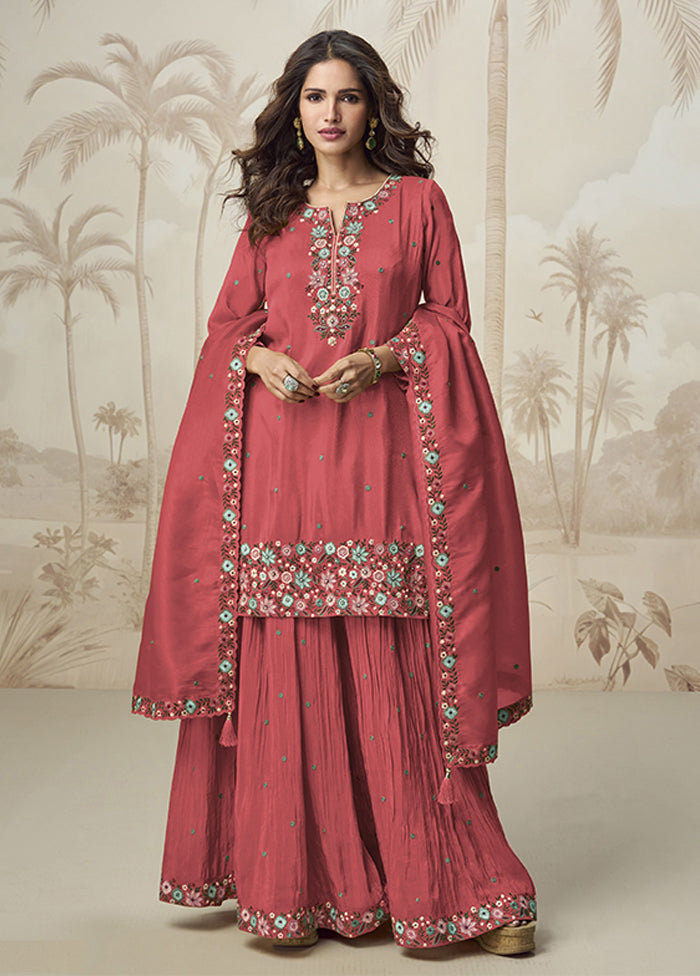 3 Pc Pink Silk Palazzo Suit Set