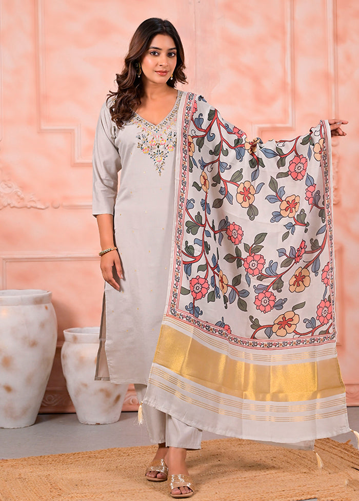 3 Pc Cream Silk Suit Set