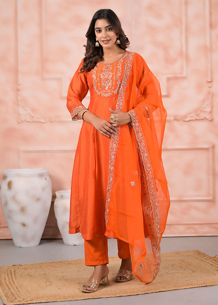 3 Pc Orange Silk Suit Set
