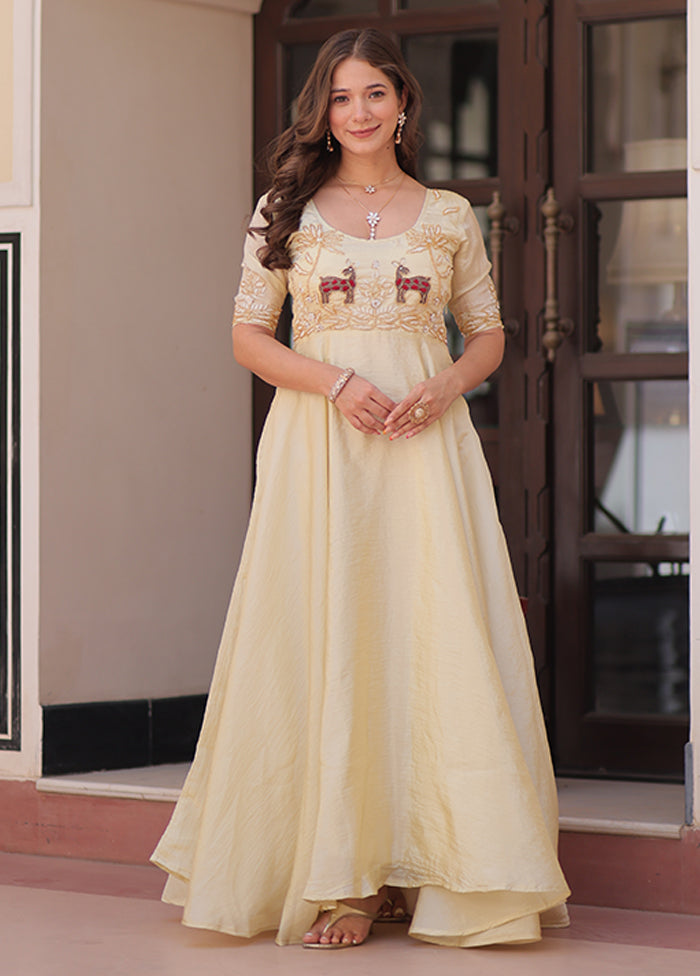 Cream Embroidery Work Silk Gown