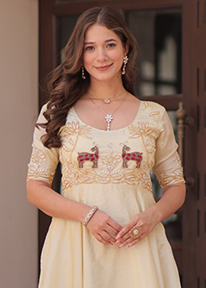 Cream Embroidery Work Silk Gown