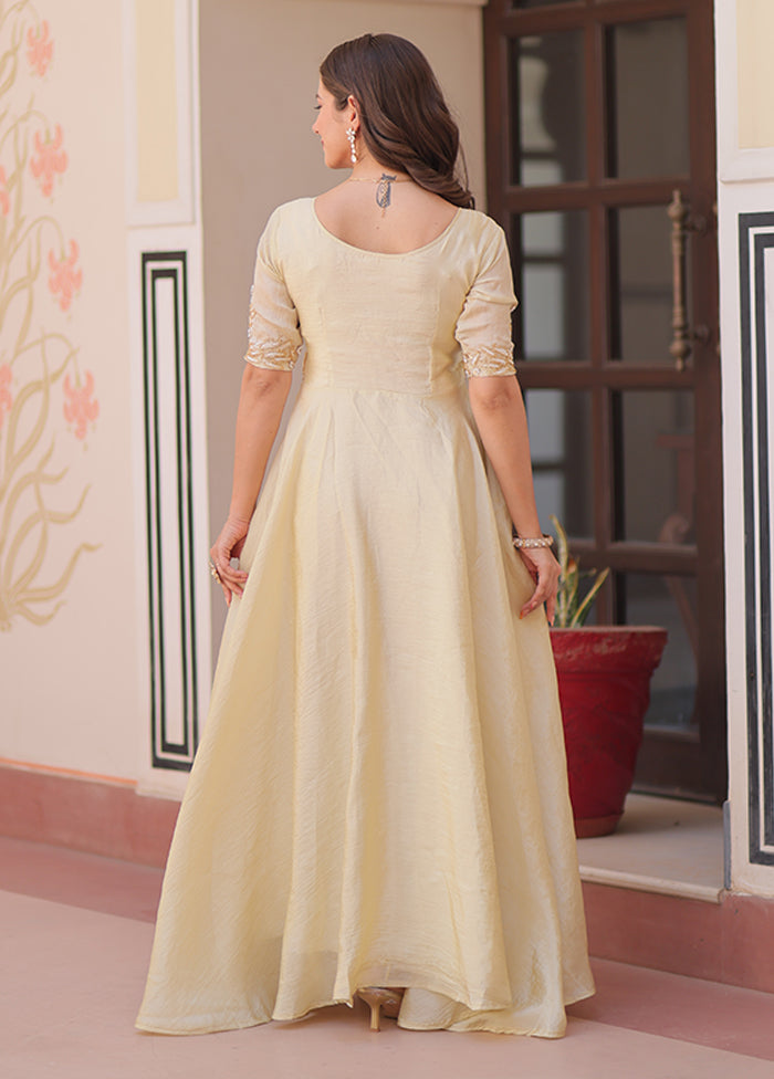Cream Embroidery Work Silk Gown