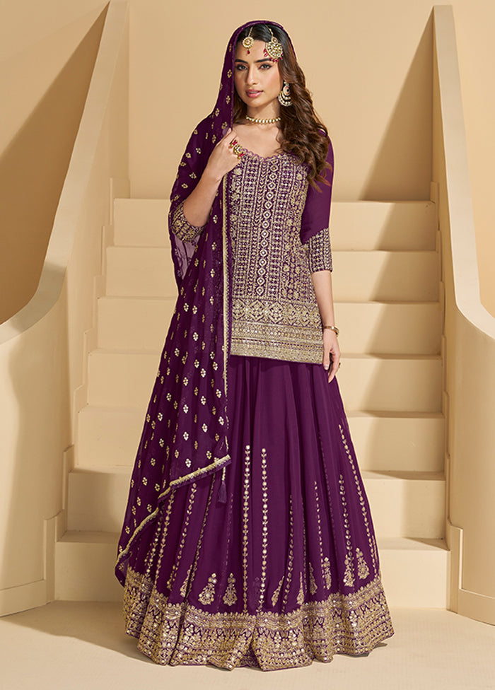 3 Pc Purple Georgette Sharara Suits Set