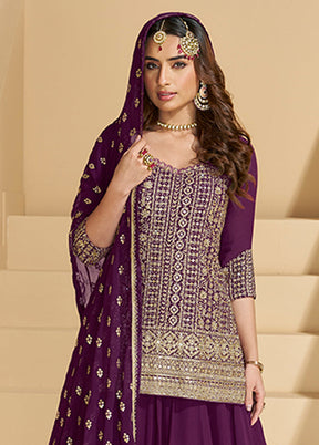 3 Pc Purple Georgette Sharara Suits Set