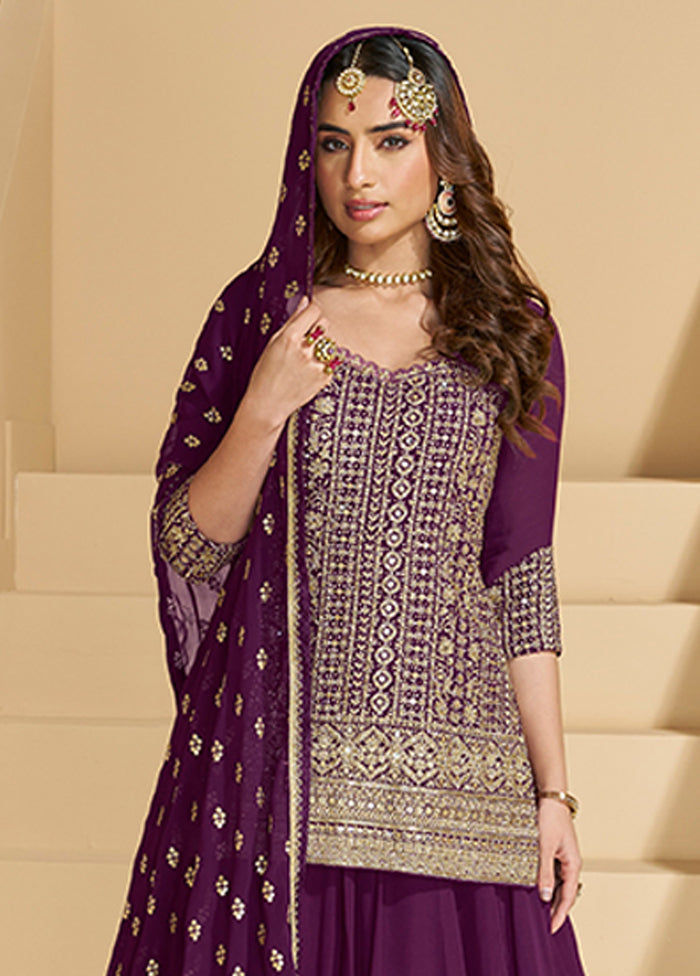 3 Pc Purple Georgette Sharara Suits Set