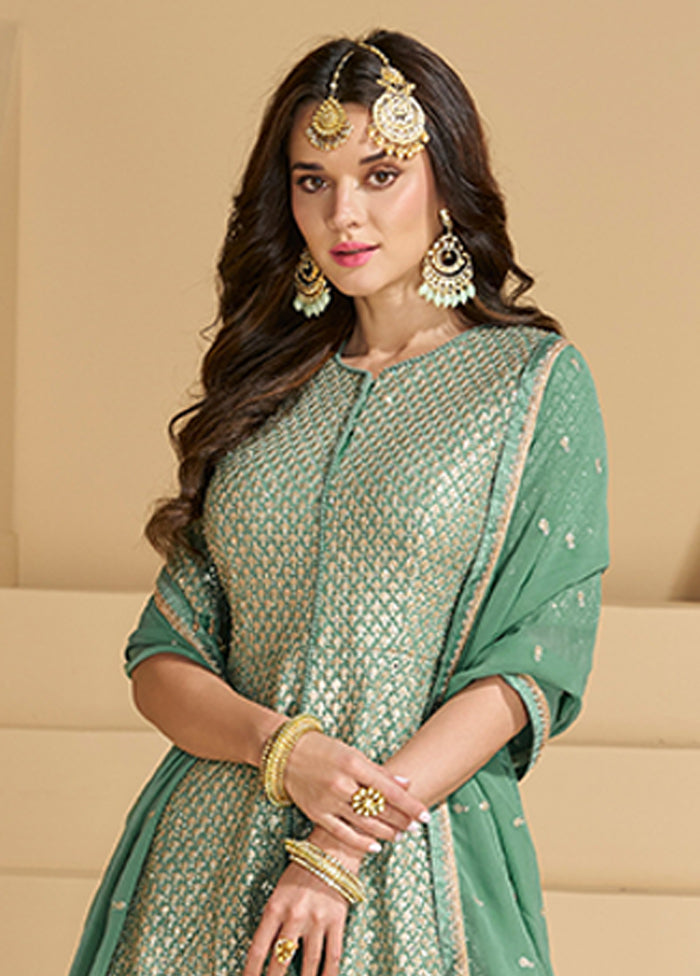 3 Pc Green Georgette Sharara Suits Set