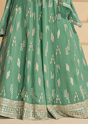3 Pc Green Georgette Sharara Suits Set