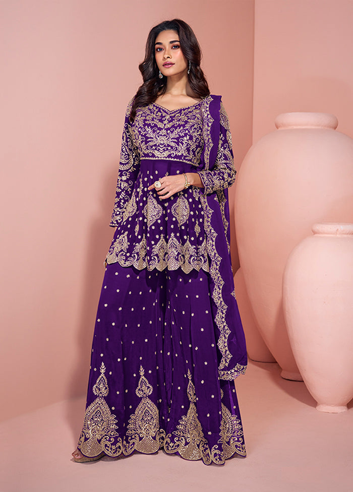 3 Pc Blue Georgette Sharara Suits Set