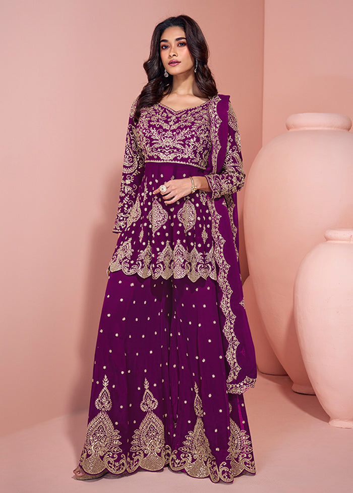 3 Pc Purple Georgette Sharara Suits Set