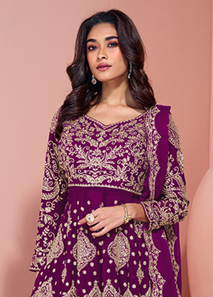 3 Pc Purple Georgette Sharara Suits Set