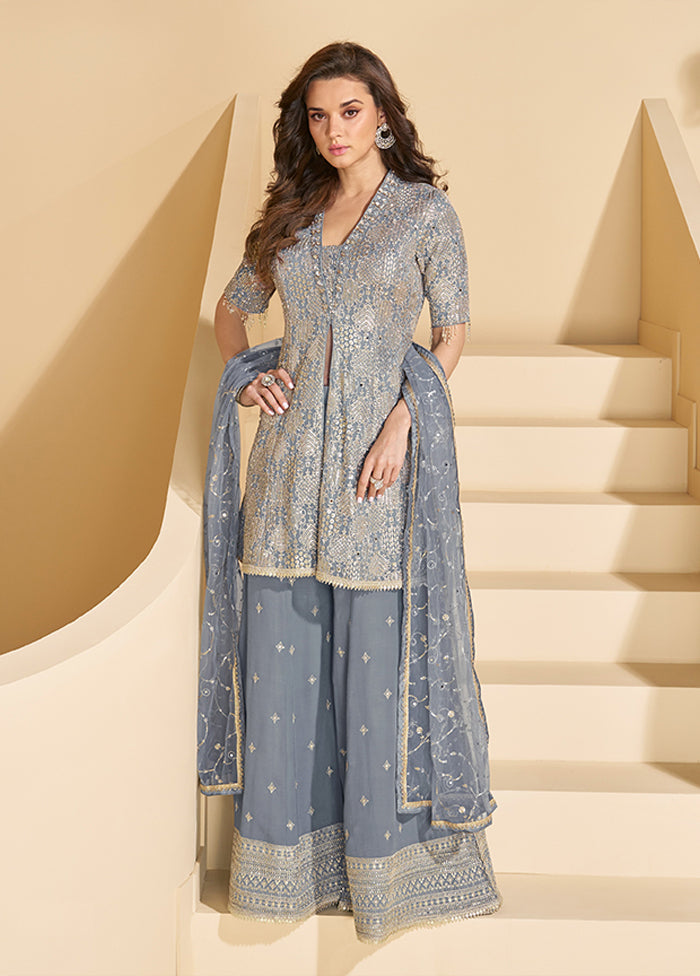 3 Pc Grey Georgette Plazzo Suits Set