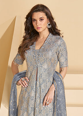 3 Pc Grey Georgette Plazzo Suits Set