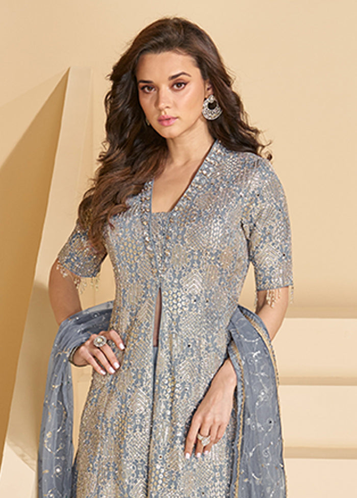 3 Pc Grey Georgette Plazzo Suits Set