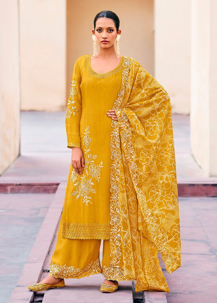 3 Pc Yellow Silk Plazzo Suits Set