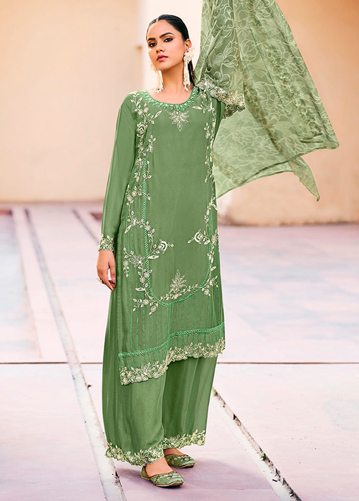3 Pc Green Silk Plazzo Suits Set