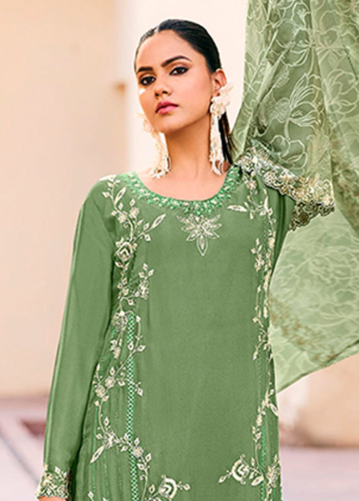 3 Pc Green Silk Plazzo Suits Set