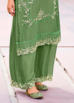 3 Pc Green Silk Plazzo Suits Set