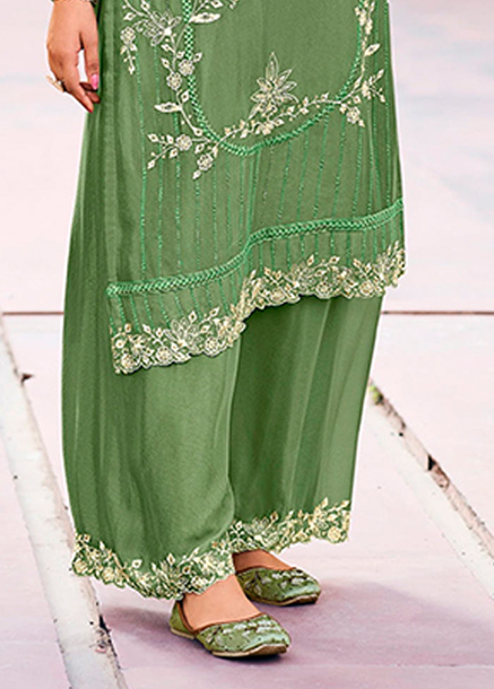 3 Pc Green Silk Plazzo Suits Set