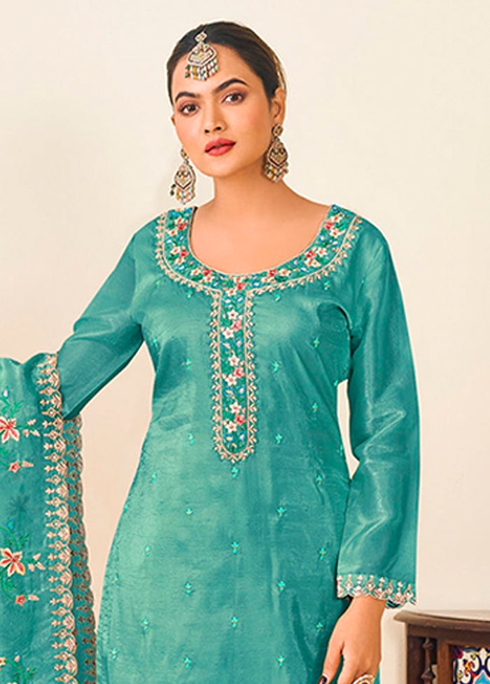 3 Pc Green Silk Suit Set
