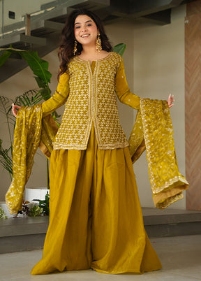 3 Pc Green Silk Sharara Suits Set