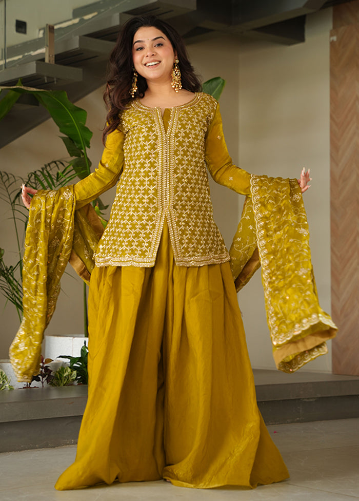 3 Pc Green Silk Sharara Suits Set