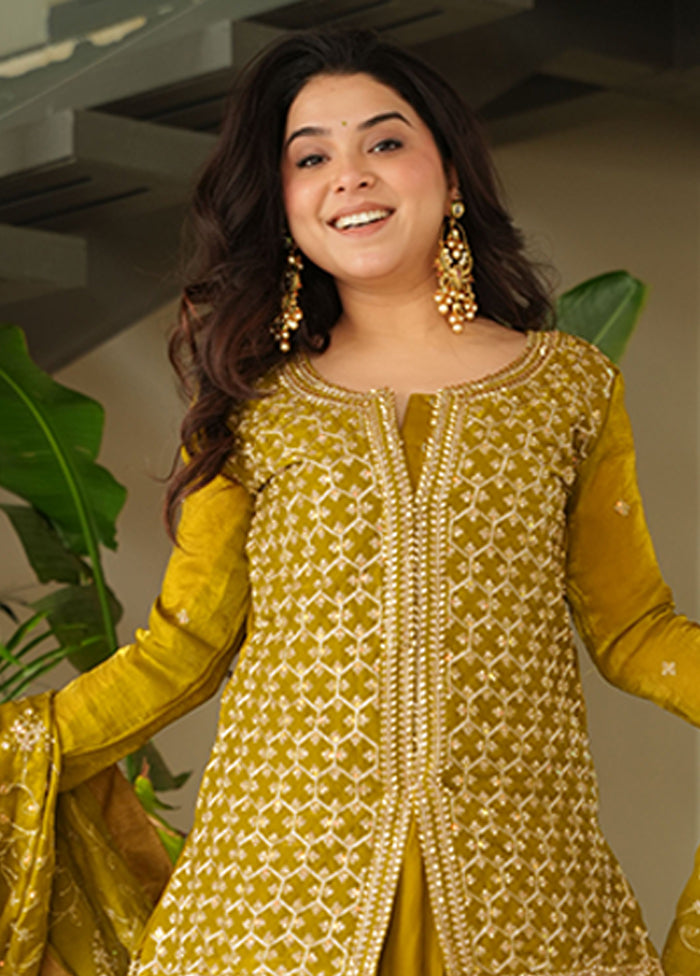 3 Pc Green Silk Sharara Suits Set