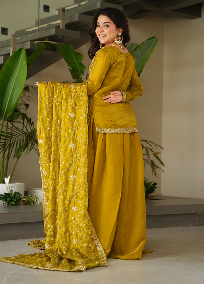 3 Pc Green Silk Sharara Suits Set