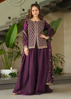 3 Pc Wine Silk Sharara Suits Set
