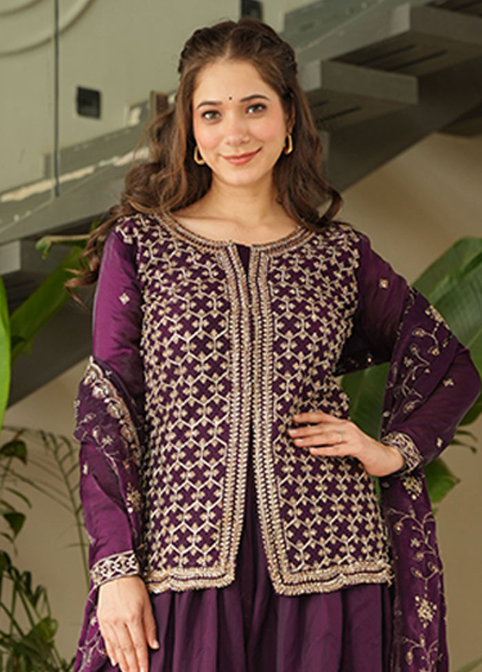 3 Pc Wine Silk Sharara Suits Set