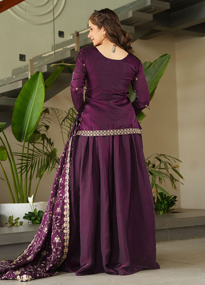 3 Pc Wine Silk Sharara Suits Set
