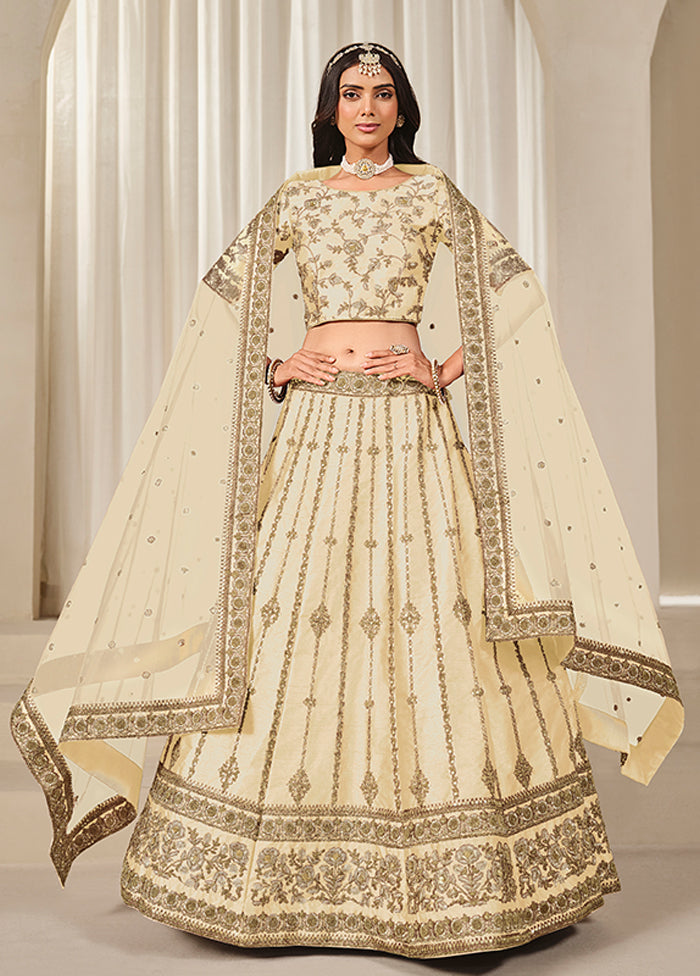 Cream Blended Silk Dupatta Lehenga Set