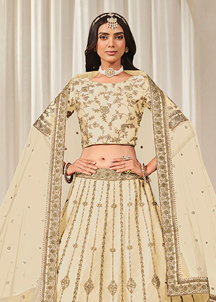 Cream Blended Silk Dupatta Lehenga Set