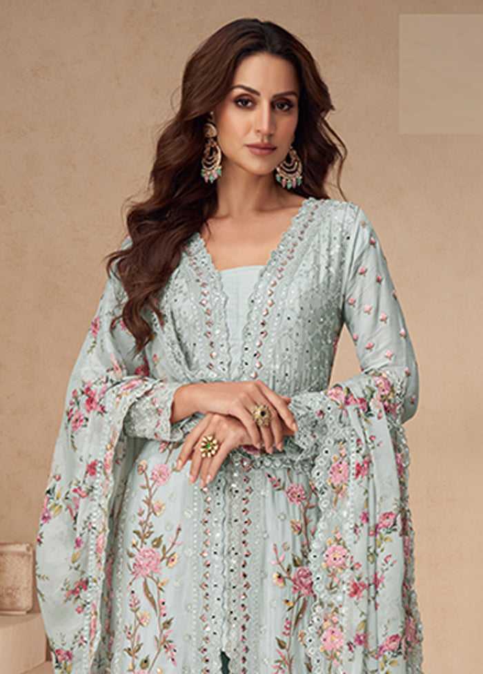 3 Pc Grey Silk Plazzo Suits Set