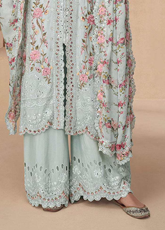 3 Pc Grey Silk Plazzo Suits Set
